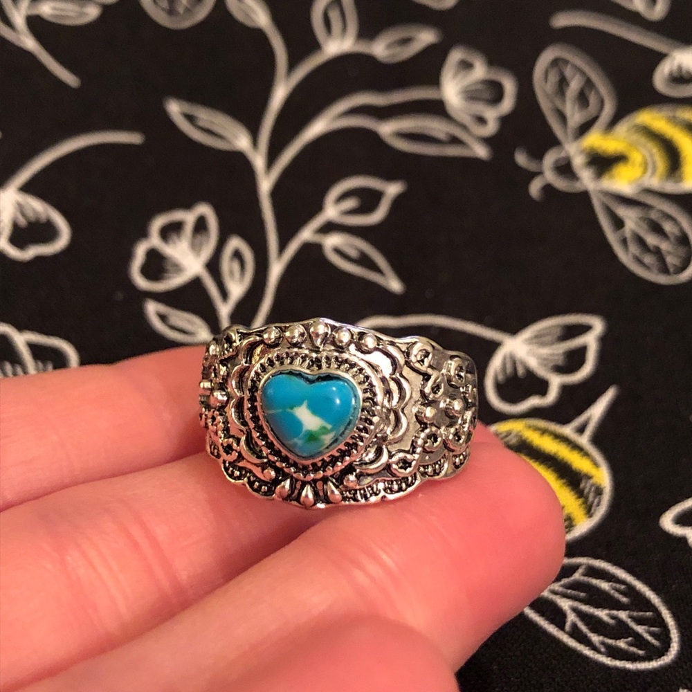 Silver Heart Ring with Faux Turquoise Stone - Picture 6 of 9
